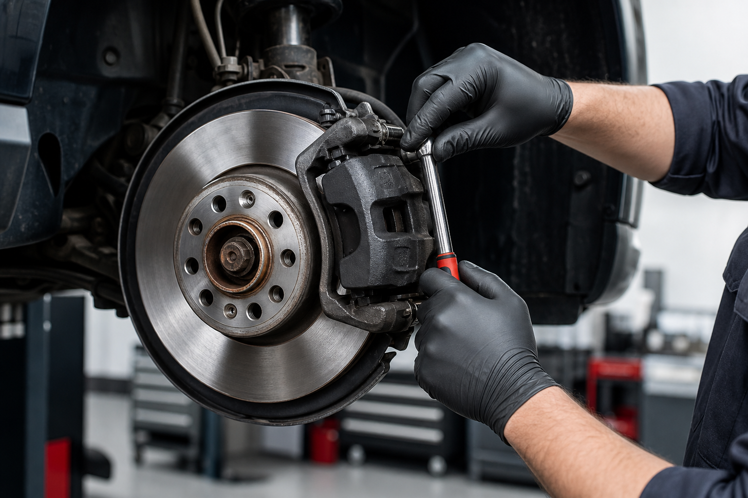 Technician servicing a brake rotor and caliper