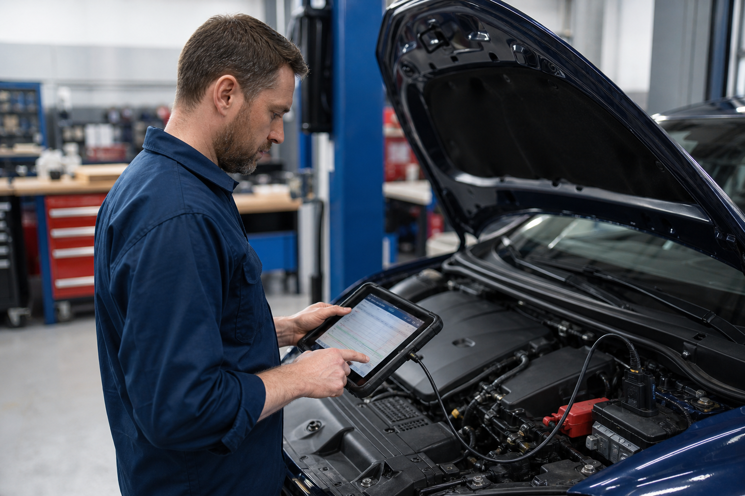 Technician using a diagnostic tablet beside an open engine bay