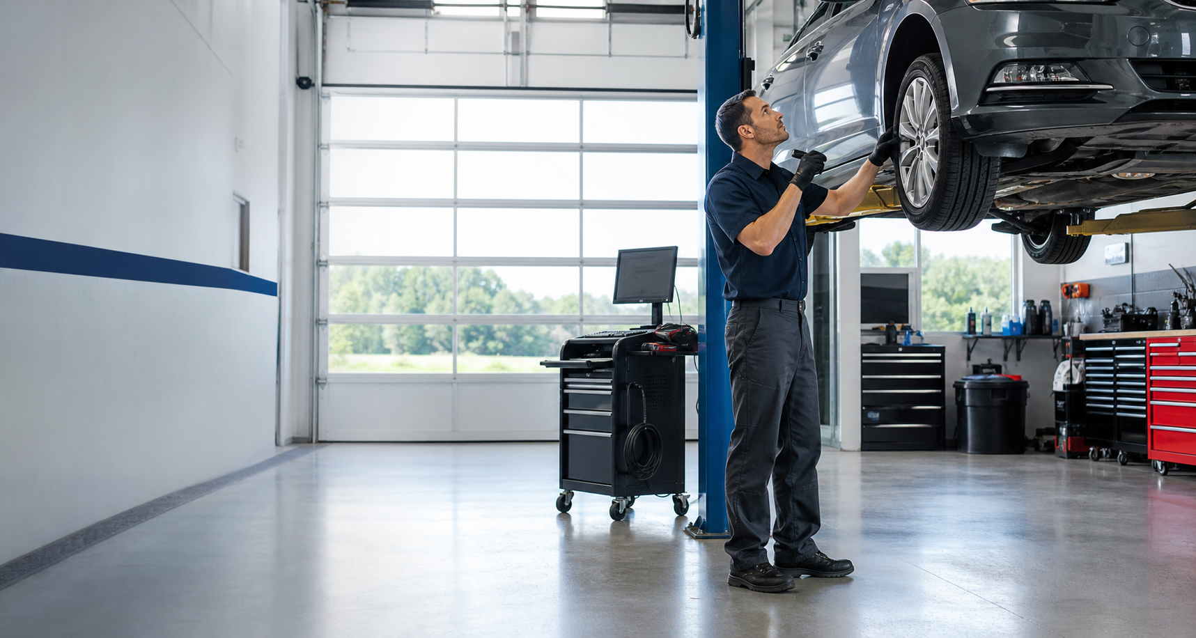 Clean independent automotive repair shop with technician inspecting a vehicle